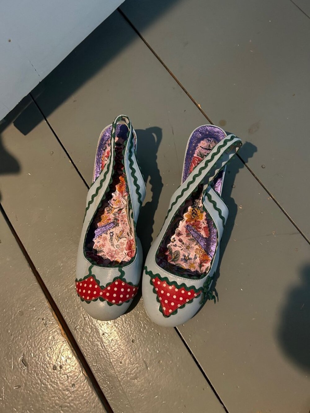 Vintage Irregular Choice baby blue shoes with red polka dot bikini size 8 1/2